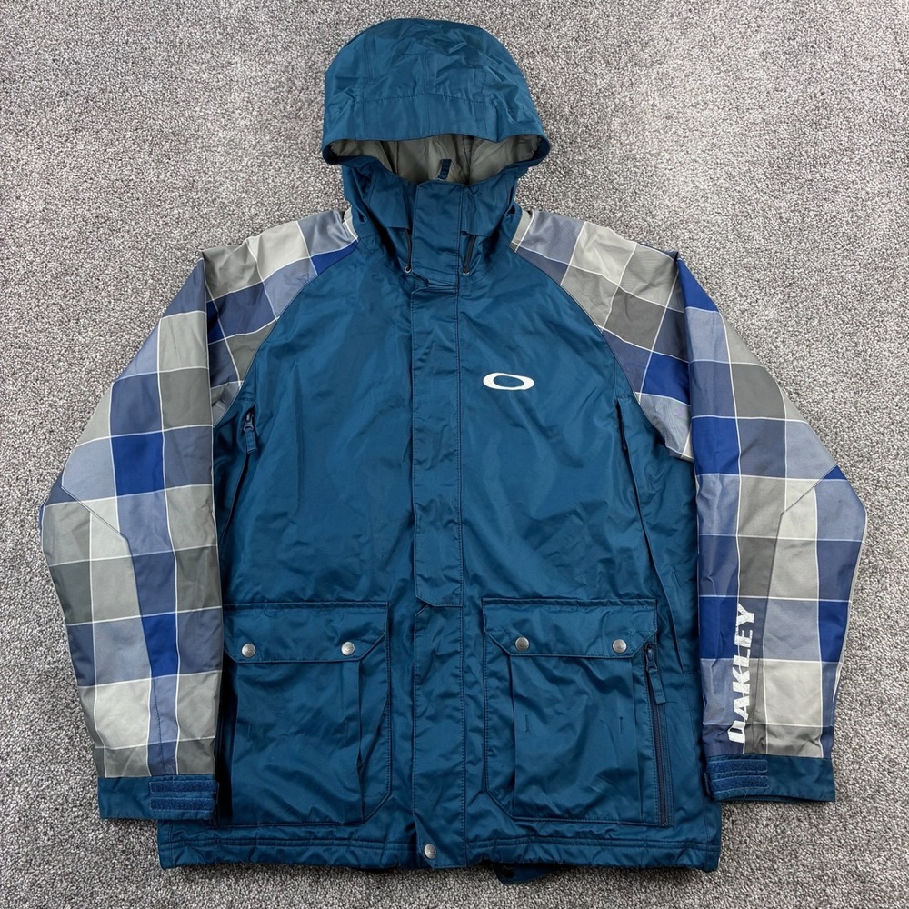 Oakley Bonk Jacket Men's M Blue Plaid Sleeves Ski Snowboard Hooded Waterproof